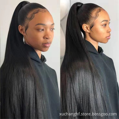 100% Human Hair Drawstring Ponytail For Black Women Elastic Hair Band Hairpieces 8"-24" 100grams #1B Straight Ponytail
